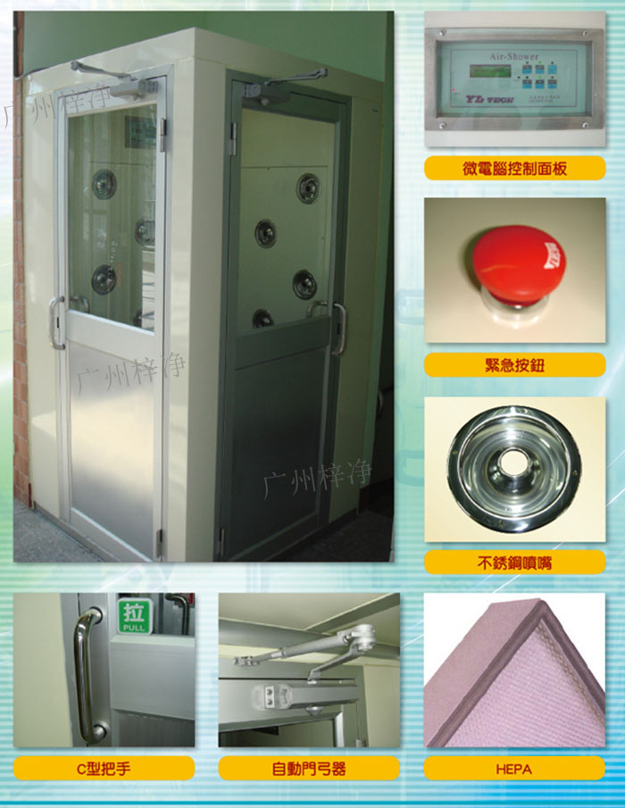 轉(zhuǎn)角風(fēng)淋室吹淋原理:初效過濾器--離心風(fēng)機(jī)--靜壓箱--高效過濾器--噴嘴高速噴出--內(nèi)循環(huán)風(fēng)。